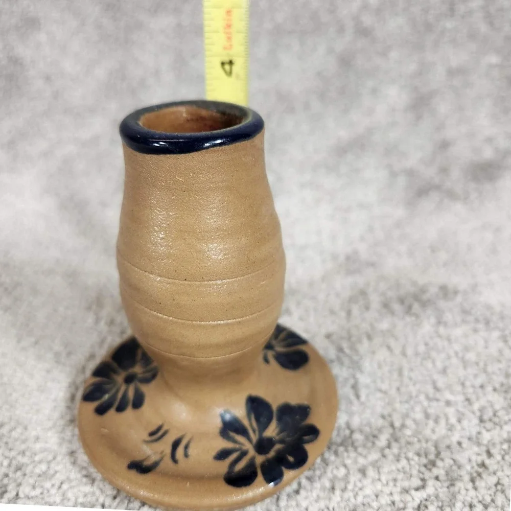 Pottery‎ Candlestick Holder Tan Blue Floral Salt Glaze Primitive